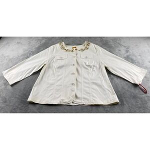 Ruby‎ Rd Woman White Embellished Denim Jacket Plus Size 18W 3/4 Slv Button Front